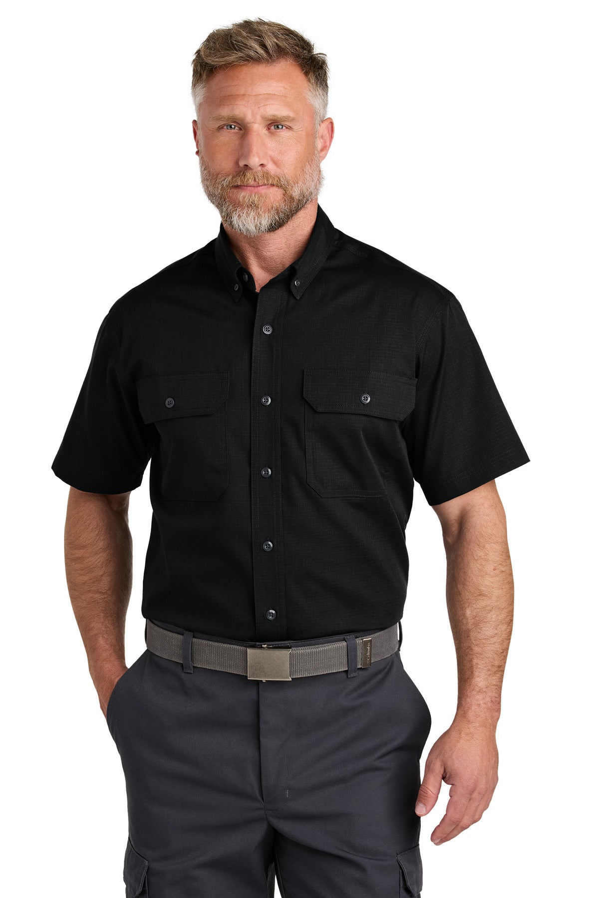 Front View of Black CornerStone Short Sleeve Select Ripstop Shirt CSW175