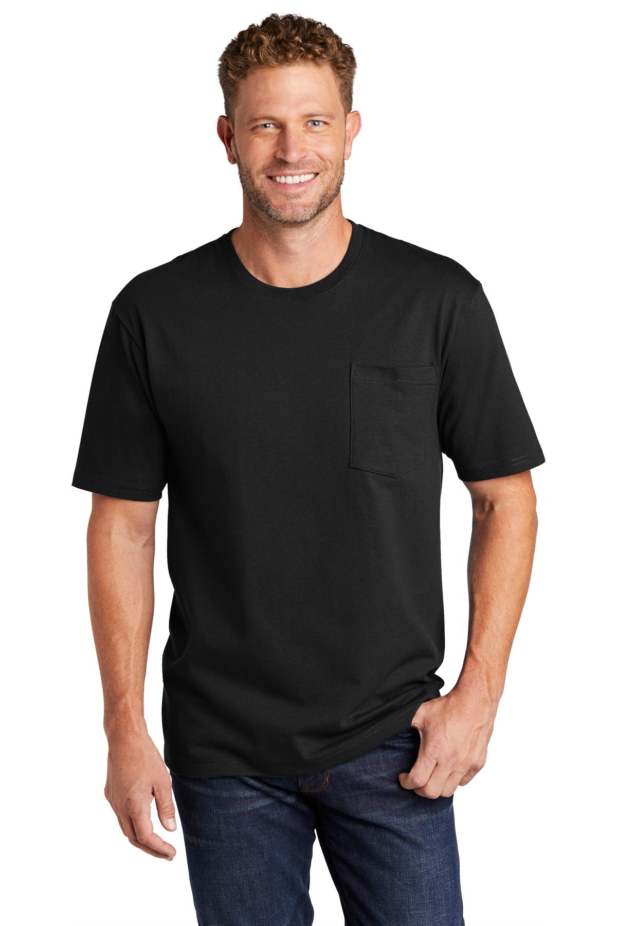 Front View of Black CornerStone Workwear Pocket Tee CS430