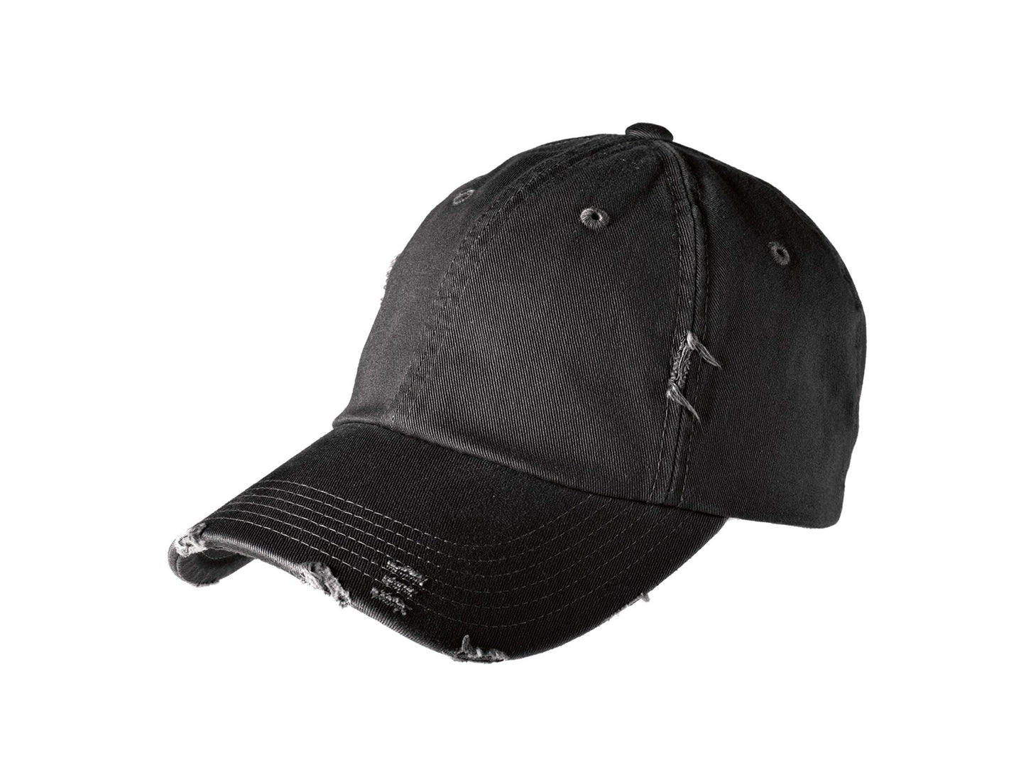 Front View of Black District Distressed Cap. DT600