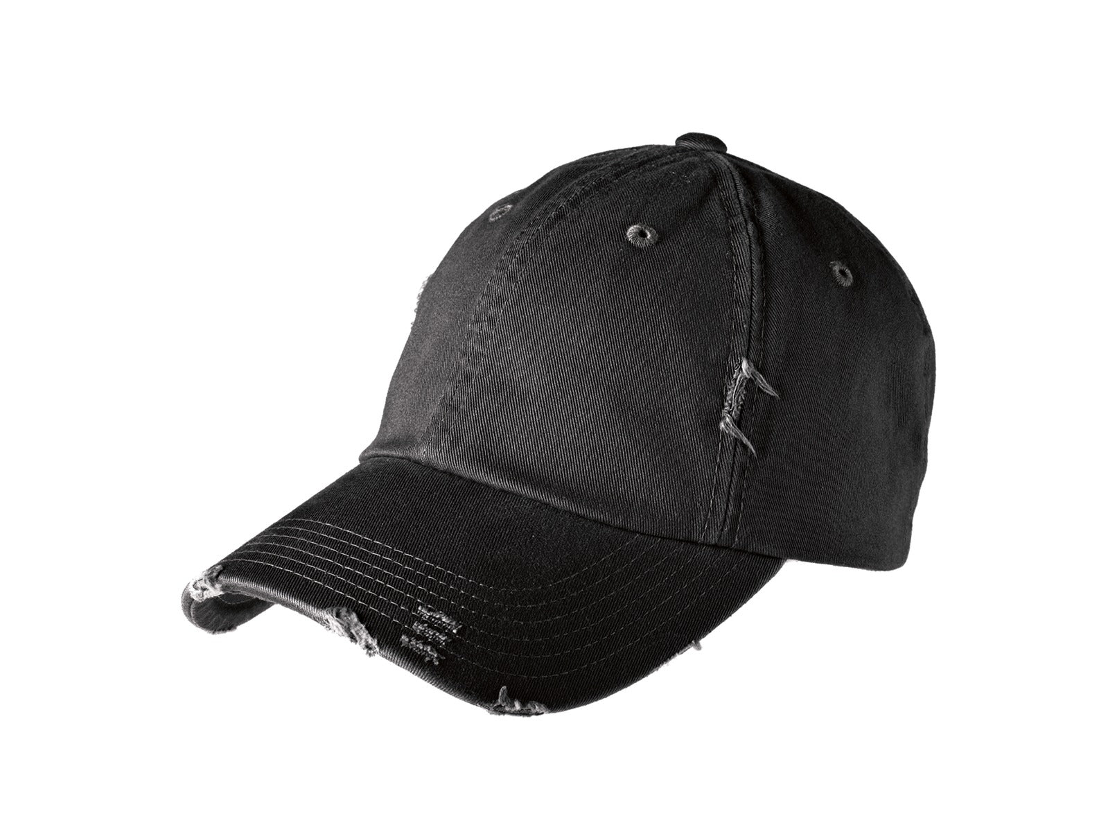 Front View of Black District Distressed Cap. DT600