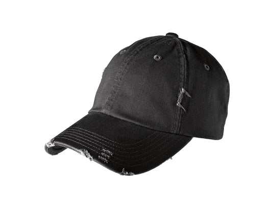 Front View of Black District Distressed Cap. DT600