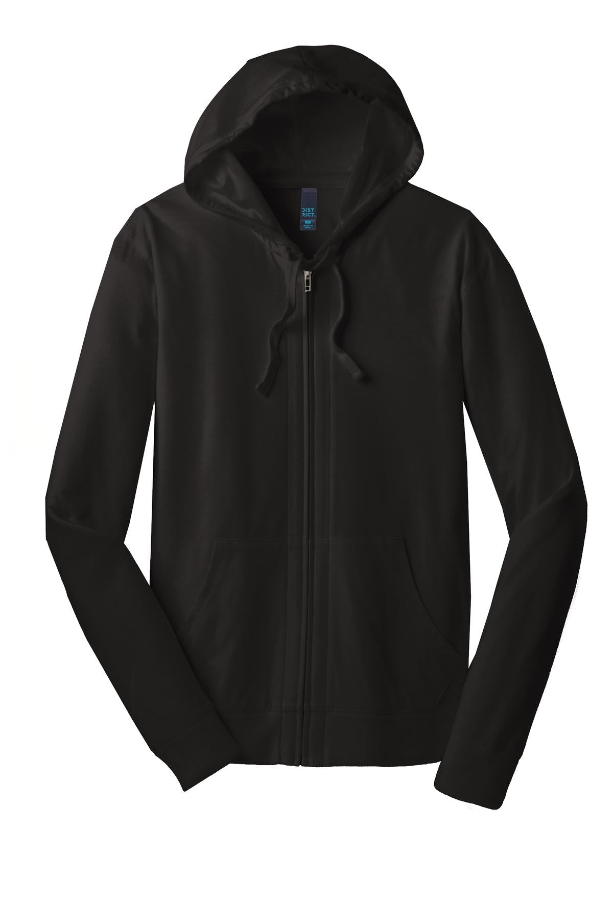 Front View of Black District Jersey Full-Zip Hoodie. DT1100