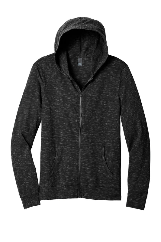 Front View of Black District Medal Full-Zip Hoodie. DT565