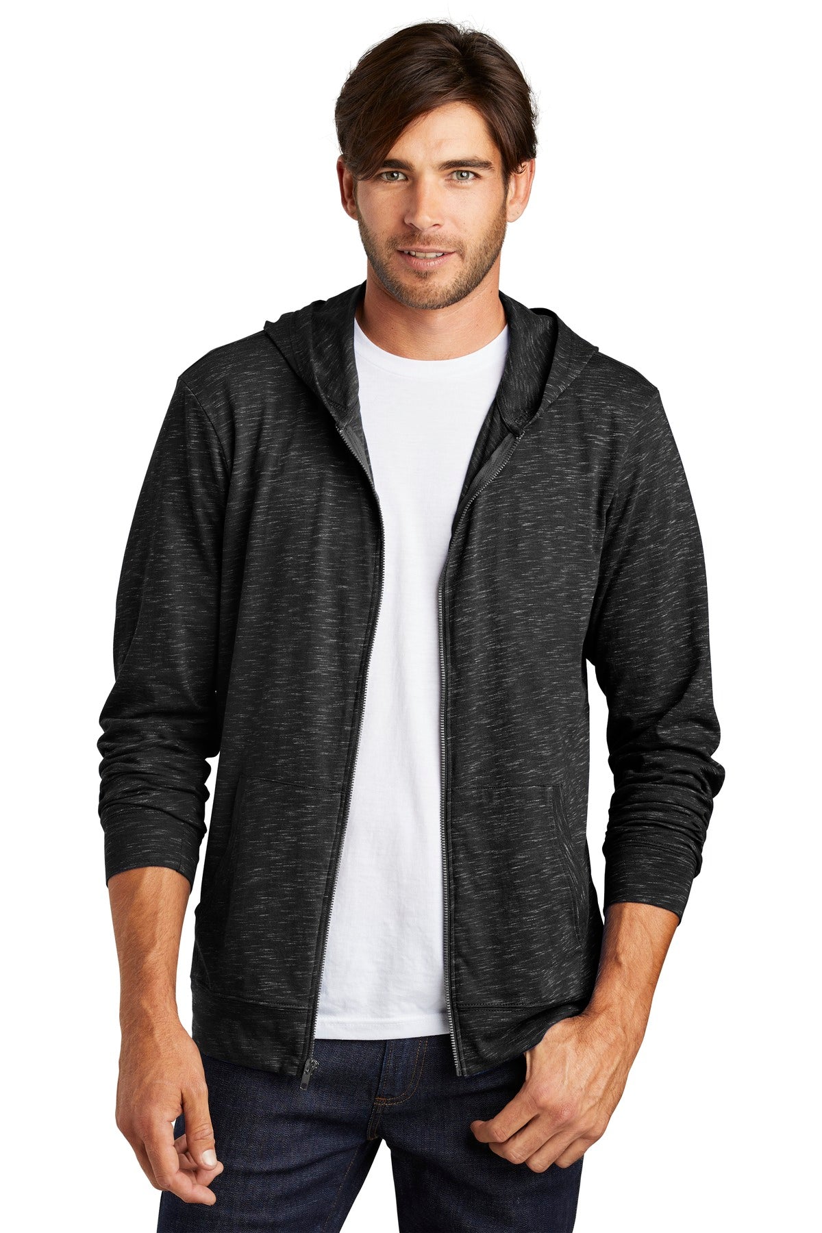 Front View of Black District Medal Full-Zip Hoodie. DT565