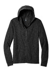 Front View of Black District Medal Full-Zip Hoodie. DT565