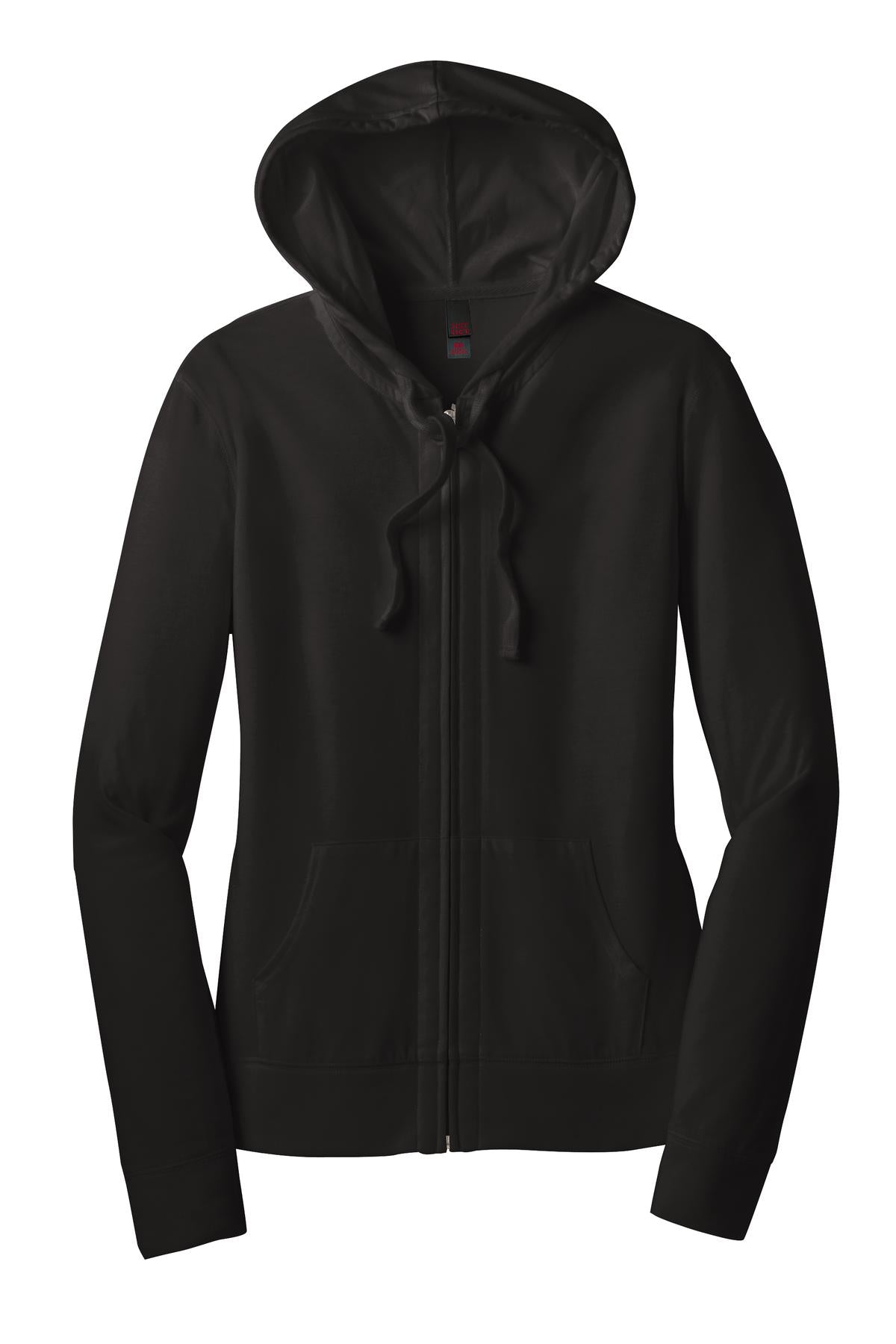 Front View of Black District Women's Fitted Jersey Full-Zip Hoodie. DT2100