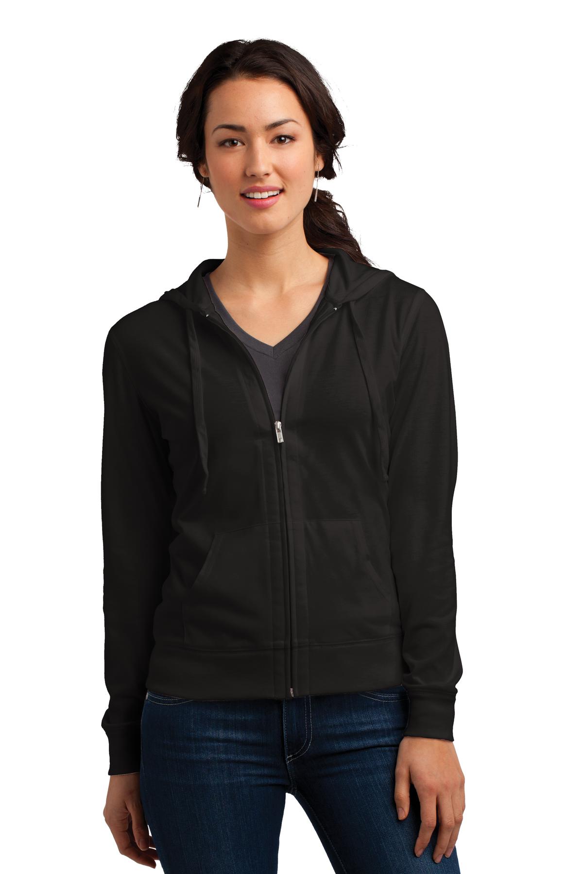 Front View of Black District Women's Fitted Jersey Full-Zip Hoodie. DT2100