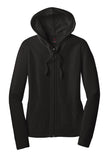 Front View of Black District Women's Fitted Jersey Full-Zip Hoodie. DT2100