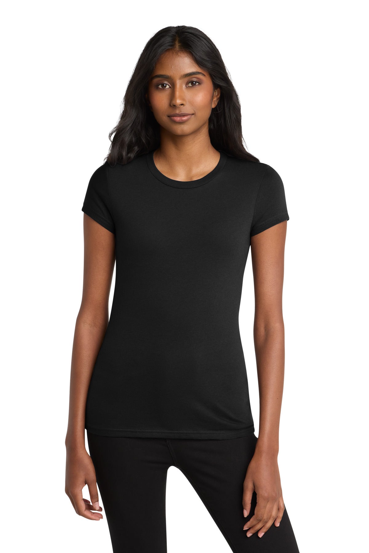 Front View of Black District Women's Fitted Very Important Tee . DT6001