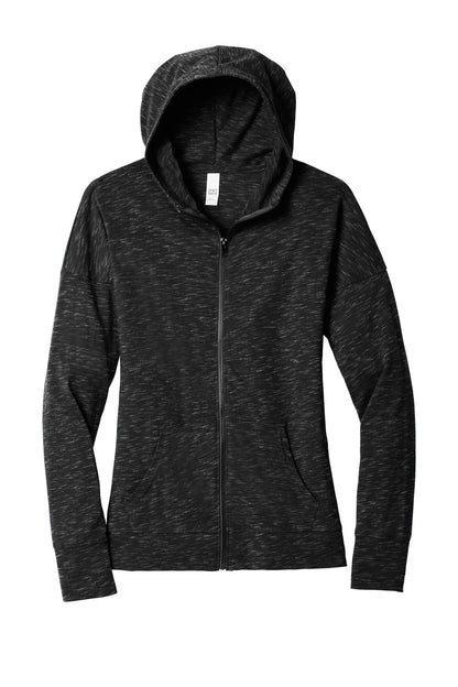 Front View of Black District Women's Medal Full-Zip Hoodie. DT665