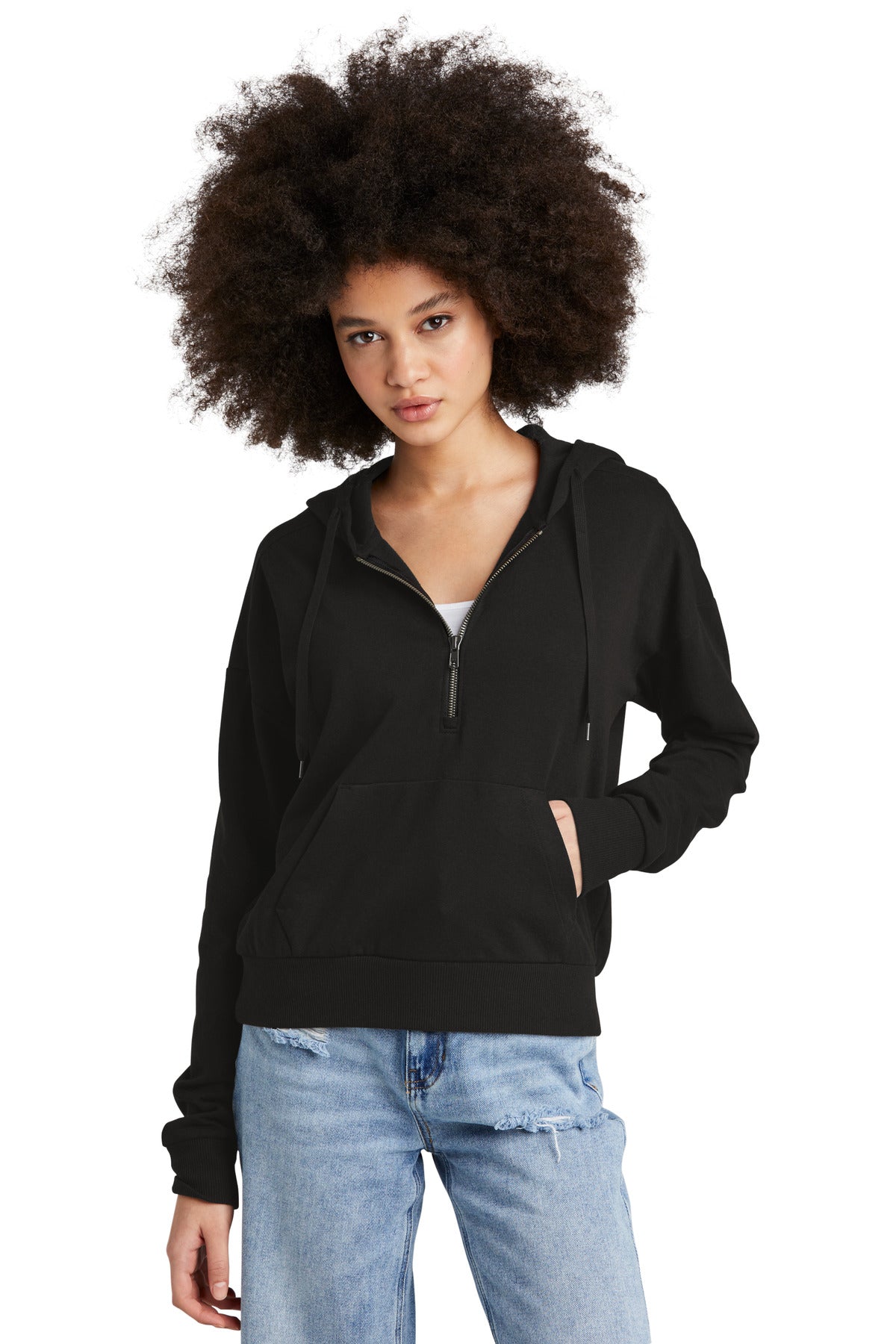 Front View of Black District Women's Perfect Tri Fleece 1/2-Zip Pullover DT1311