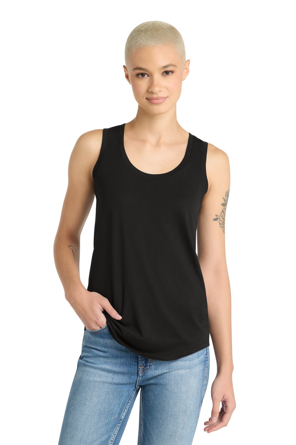 Front View of Black District Women's Perfect Tri Racerback Tank. DM138L