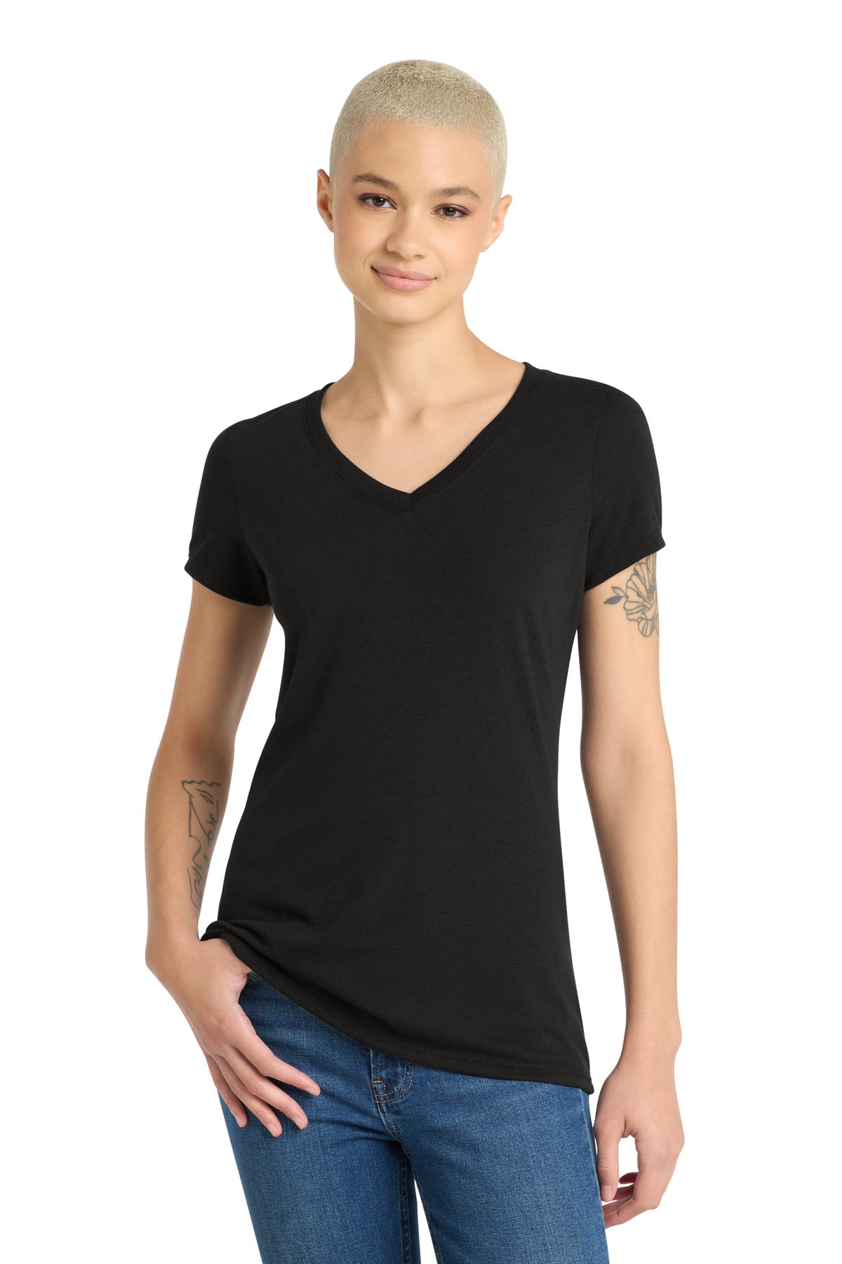 Front View of Black District Women's Perfect Tri V-Neck Tee. DM1350L