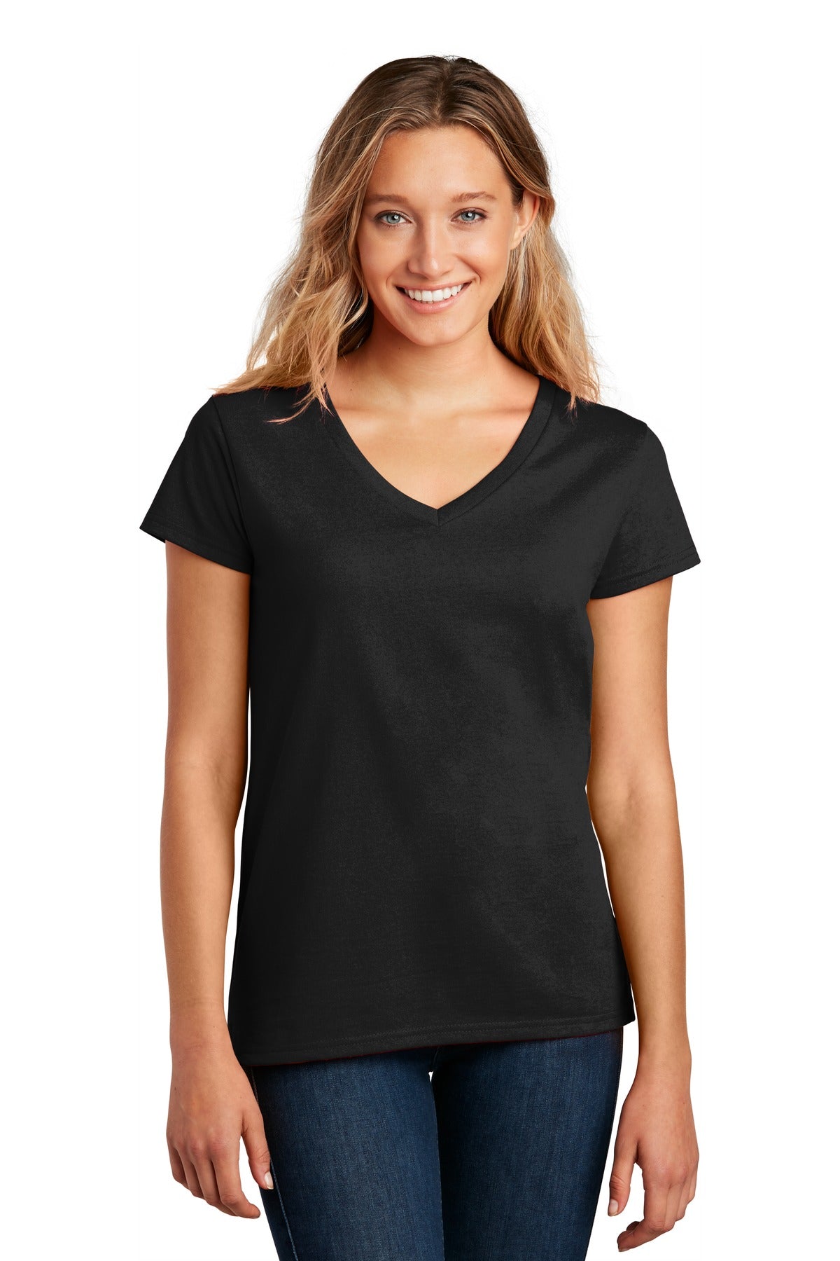 Front View of Black District Women's Re-Tee V-Neck DT8001