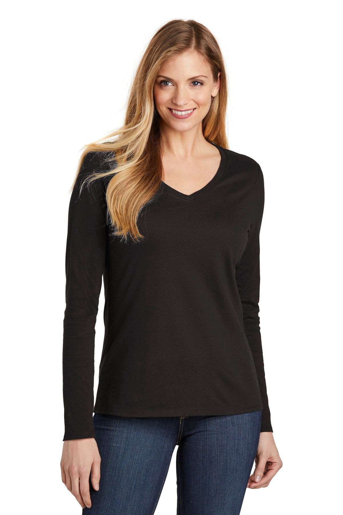 Front View of Black District Women's Very Important Tee Long Sleeve V-Neck. DT6201