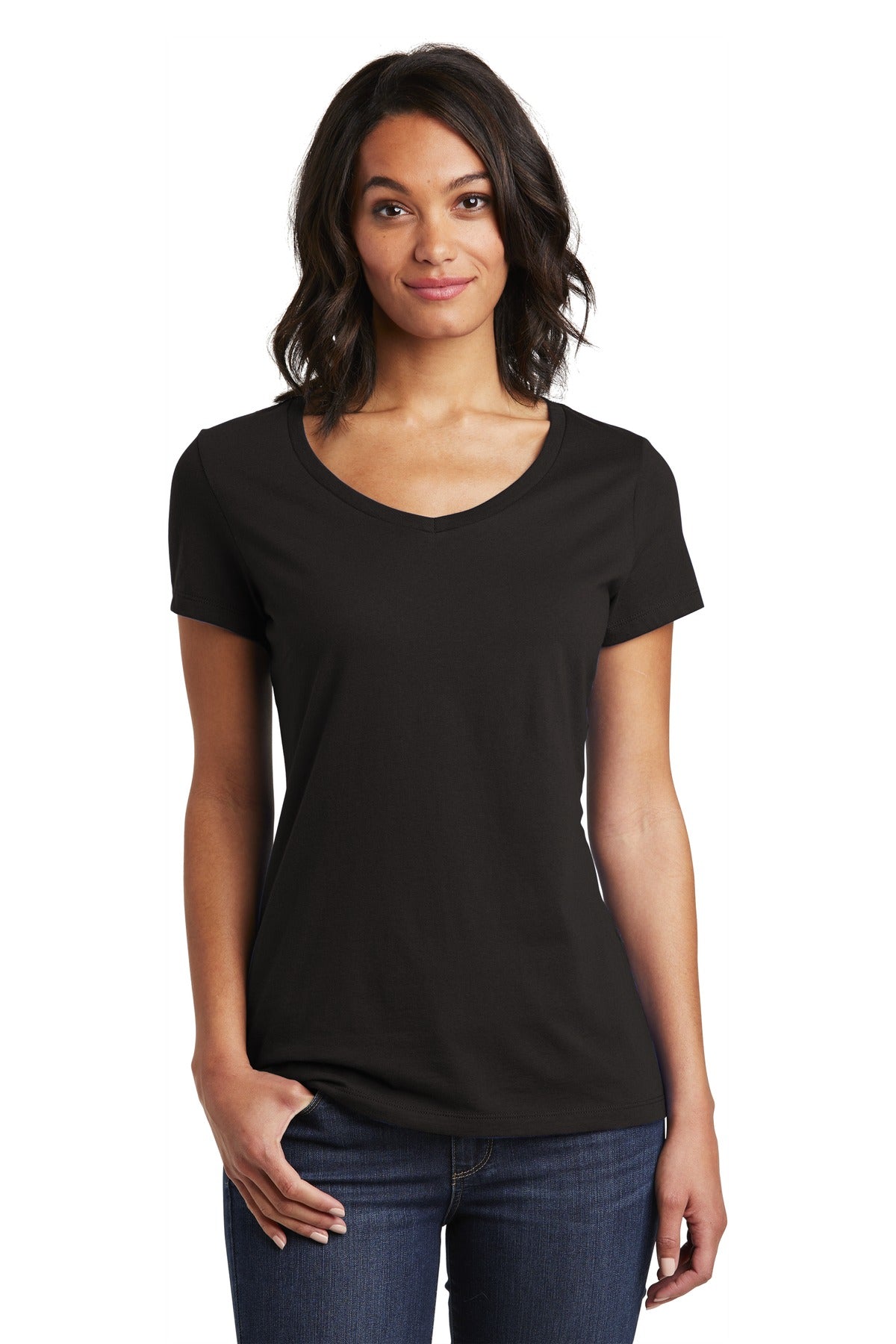 Front View of Black District Women's Very Important Tee V-Neck. DT6503