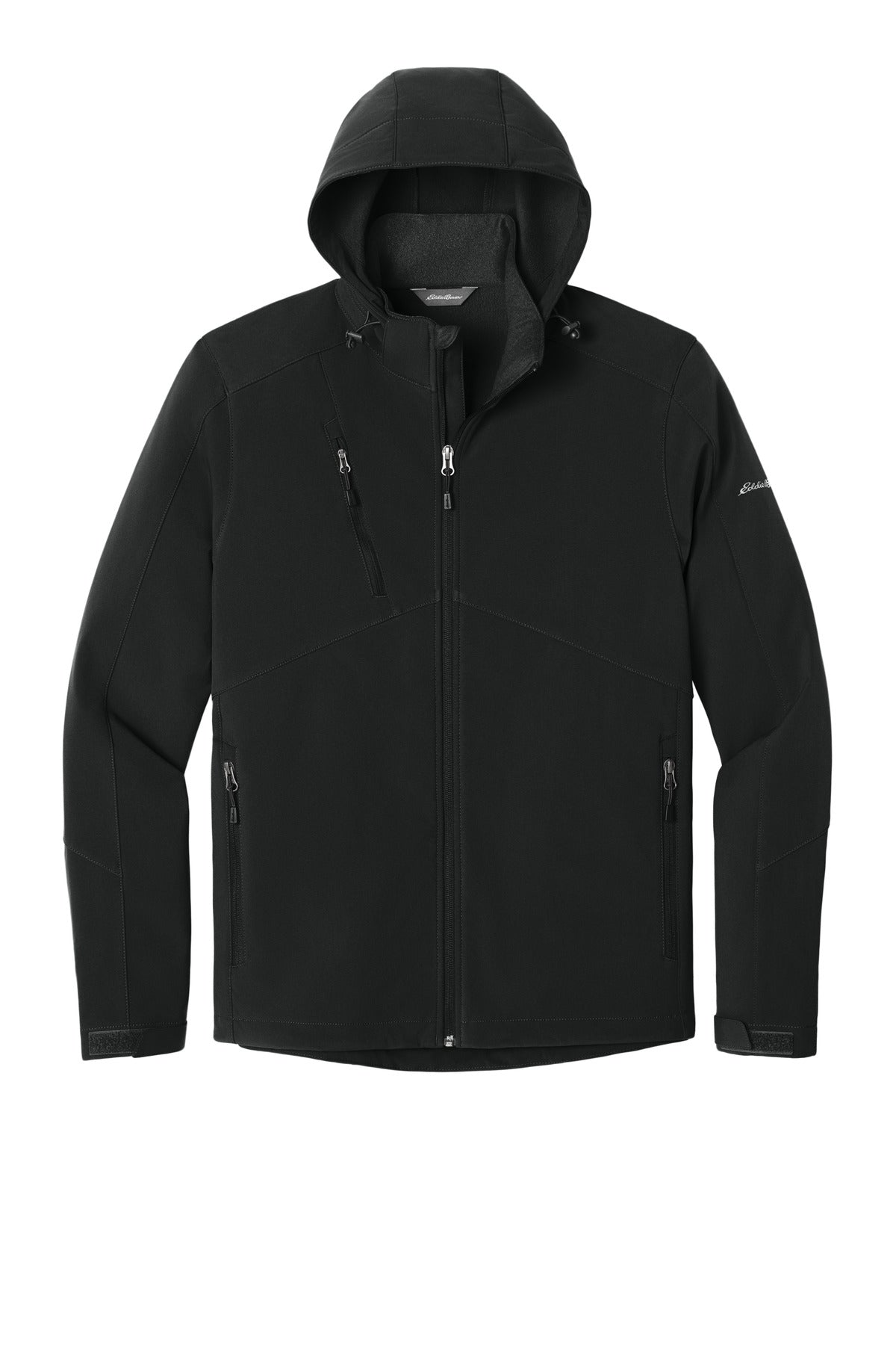 Front View of Black Eddie Bauer Hooded Soft Shell Parka. EB536