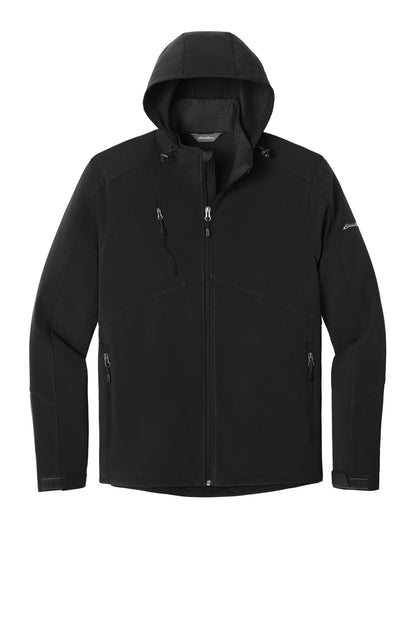 Front View of Black Eddie Bauer Hooded Soft Shell Parka. EB536