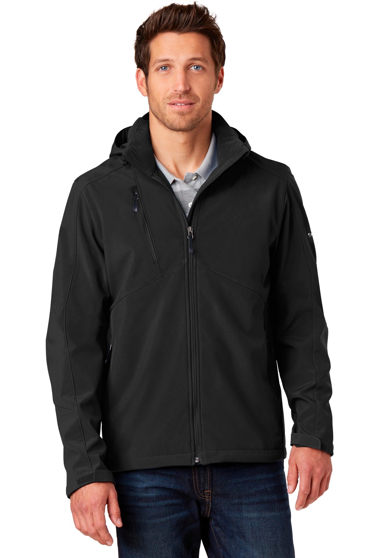 Front View of Black Eddie Bauer Hooded Soft Shell Parka. EB536
