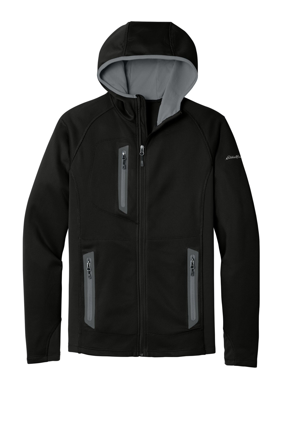 Front View of Black Eddie Bauer Sport Hooded Full-Zip Fleece Jacket. EB244
