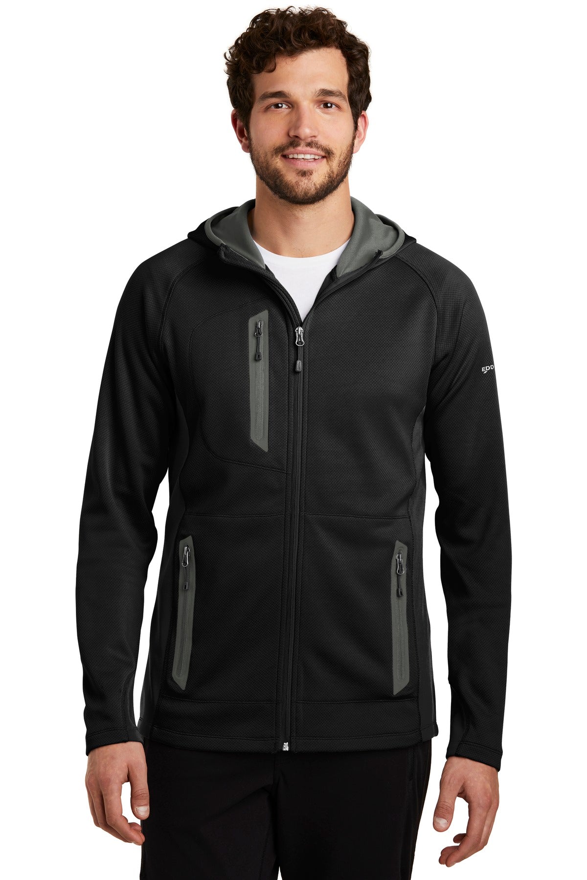 Front View of Black Eddie Bauer Sport Hooded Full-Zip Fleece Jacket. EB244