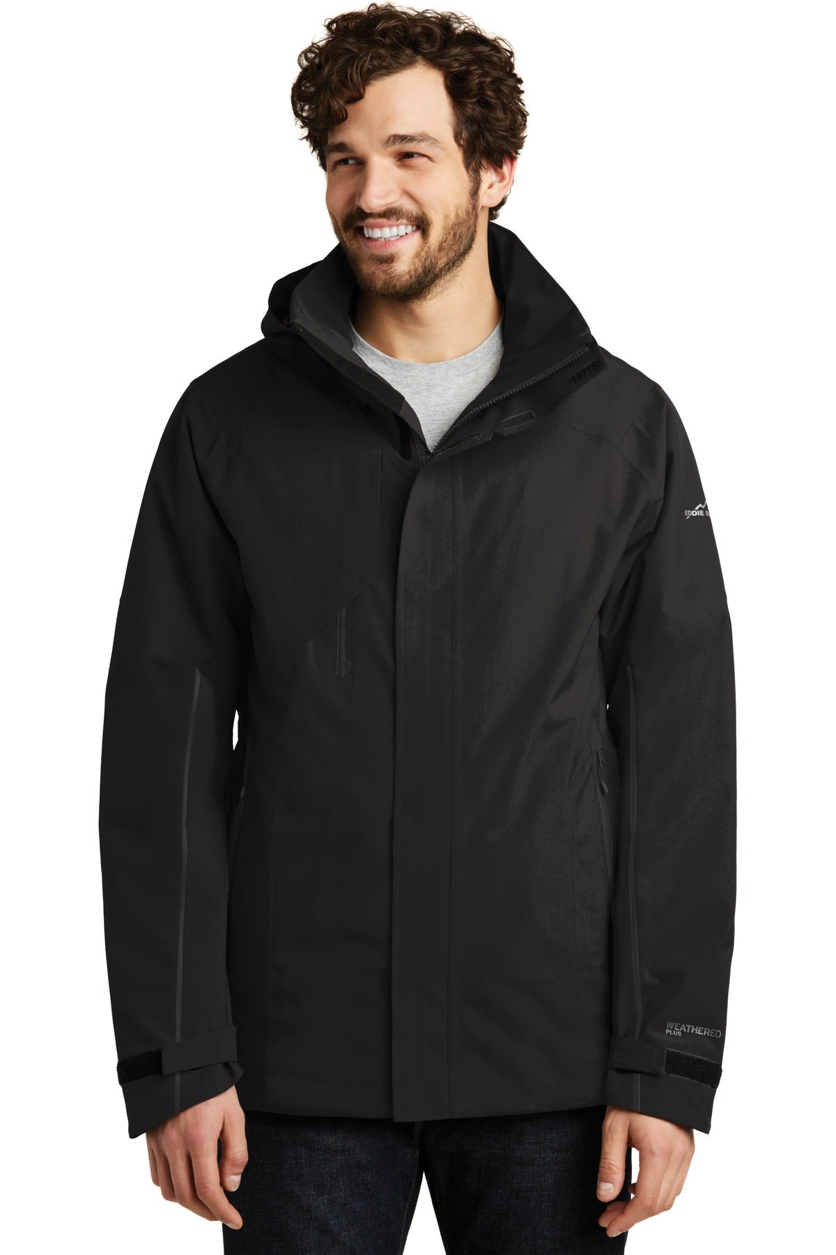 Front View of Black Eddie Bauer WeatherEdge Plus Insulated Jacket. EB554