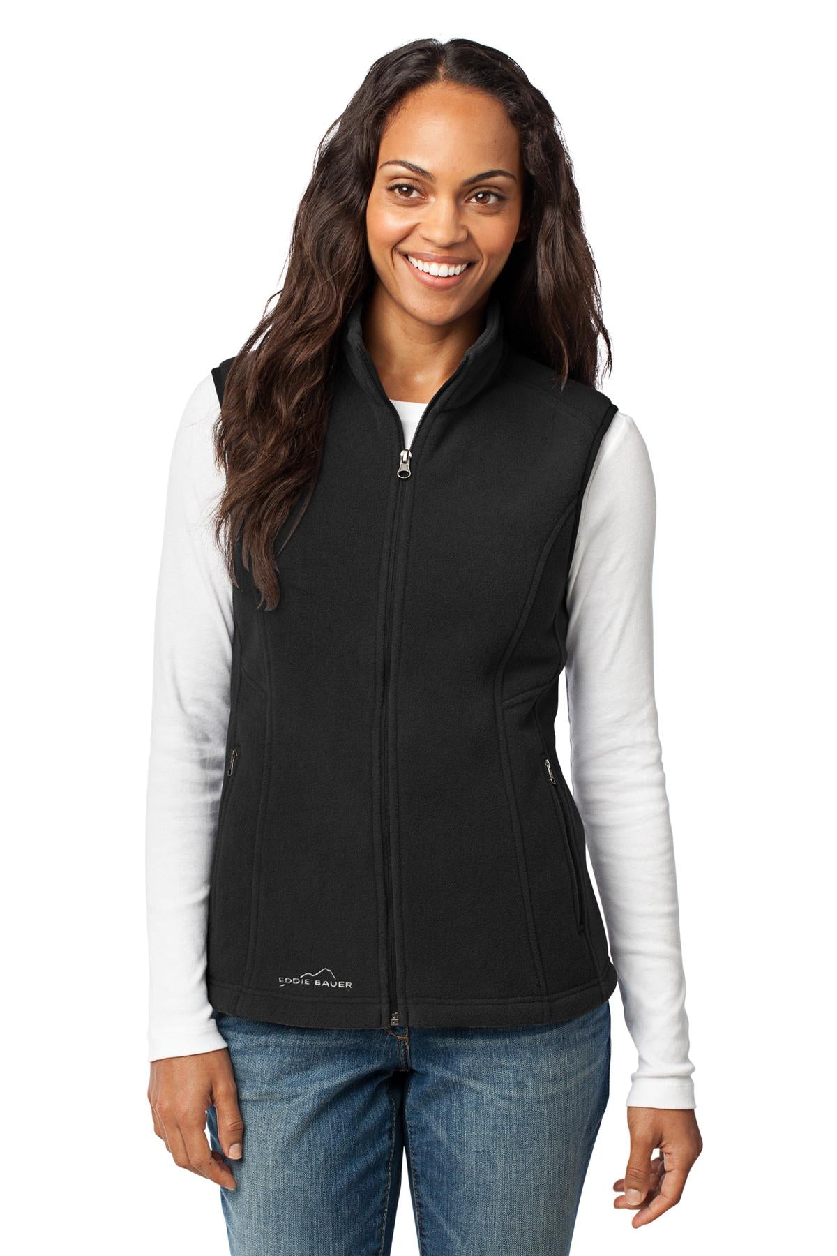 Front View of Black Eddie Bauer - Women's Fleece Vest. EB205