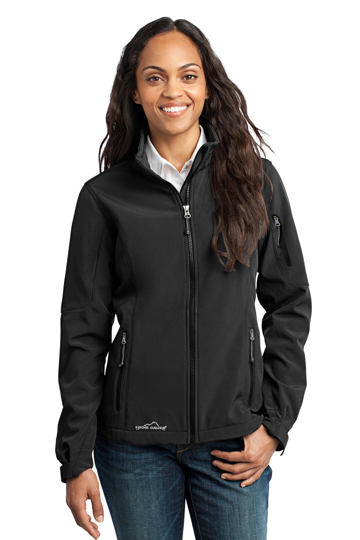 Front View of Black Eddie Bauer Women's Soft Shell Jacket. EB531