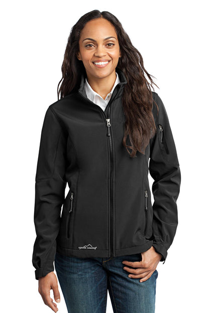 Front View of Black Eddie Bauer Women's Soft Shell Jacket. EB531