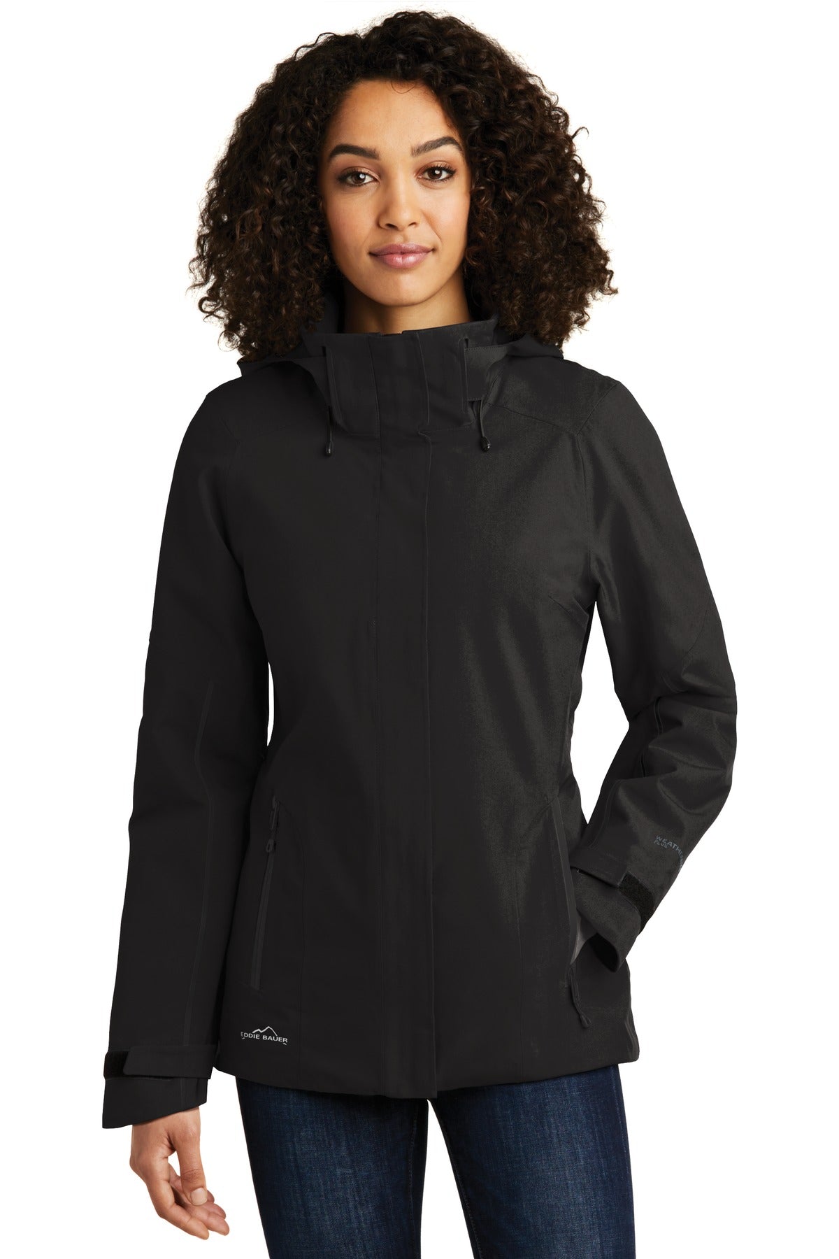 Front View of Black Eddie Bauer Women's WeatherEdge Plus Insulated Jacket. EB555