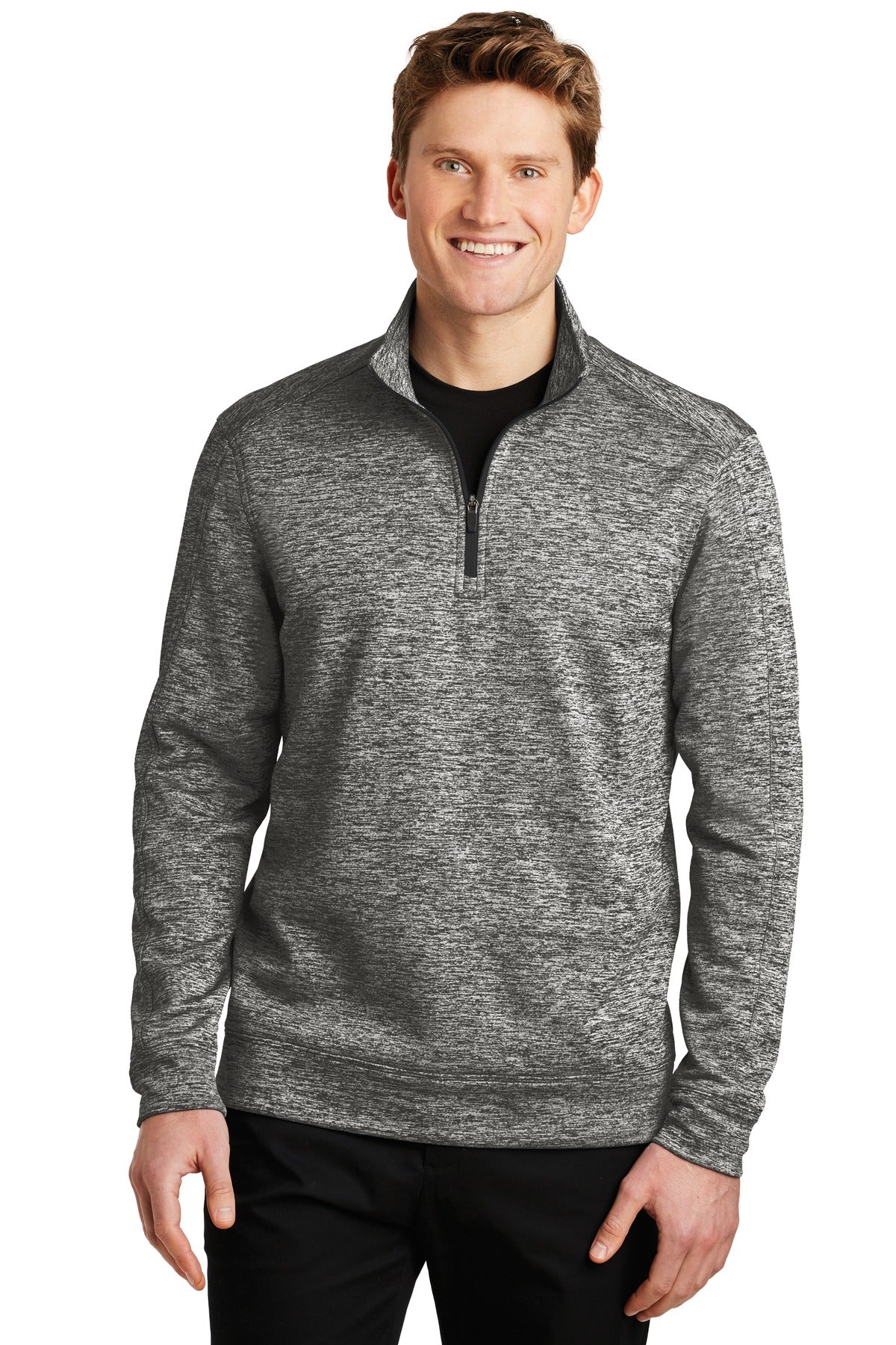 Front View of Black Electric Sport-Tek PosiCharge Electric Heather Fleece 1/4-Zip Pullover. ST226
