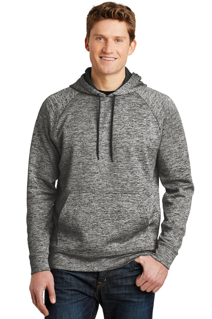 Front View of Black Electric Sport-Tek PosiCharge Electric Heather Fleece Hooded Pullover. ST225