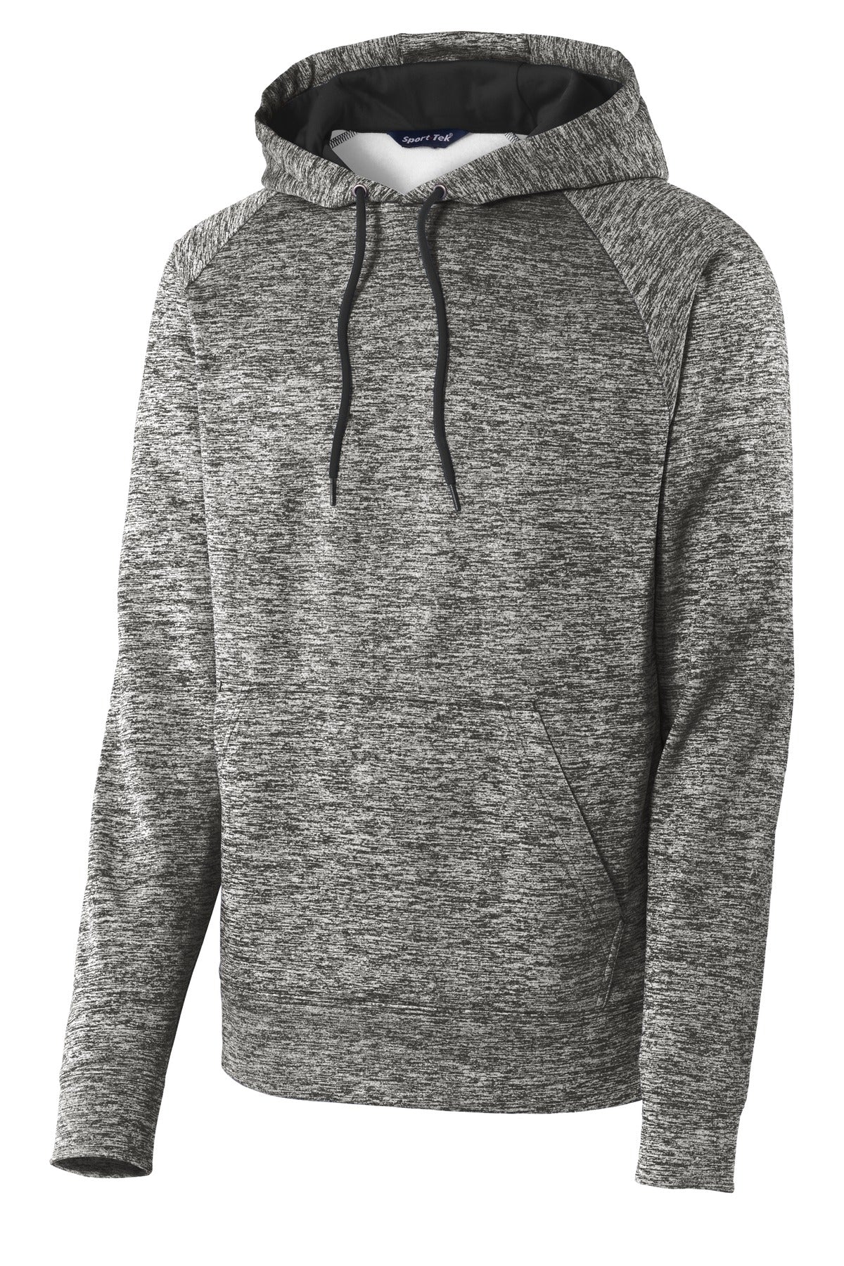 Front View of Black Electric Sport-Tek PosiCharge Electric Heather Fleece Hooded Pullover. ST225