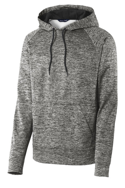 Front View of Black Electric Sport-Tek PosiCharge Electric Heather Fleece Hooded Pullover. ST225