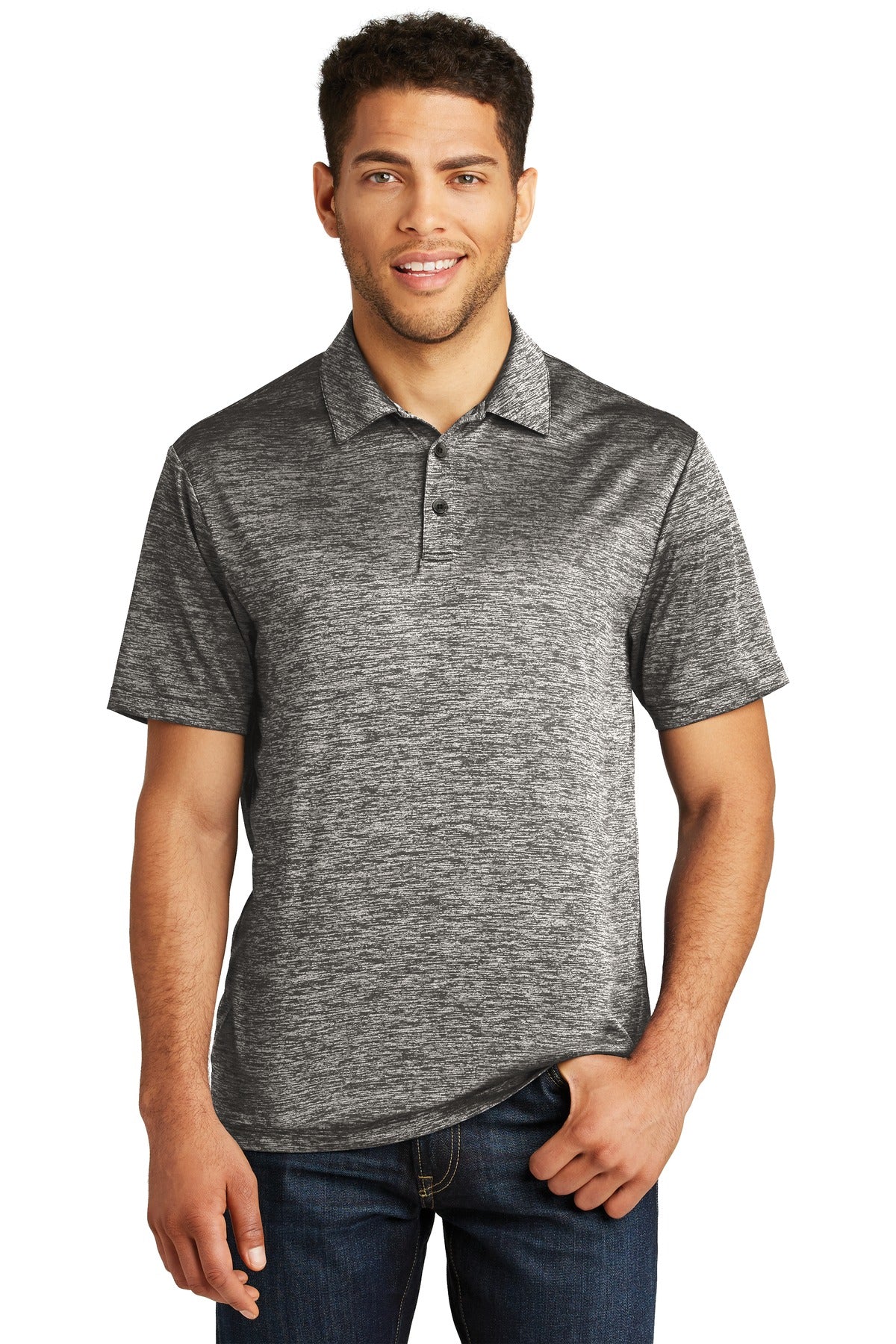 Front View of Black Electric Sport-Tek PosiCharge Electric Heather Polo. ST590
