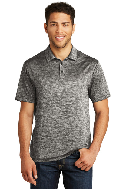 Front View of Black Electric Sport-Tek PosiCharge Electric Heather Polo. ST590