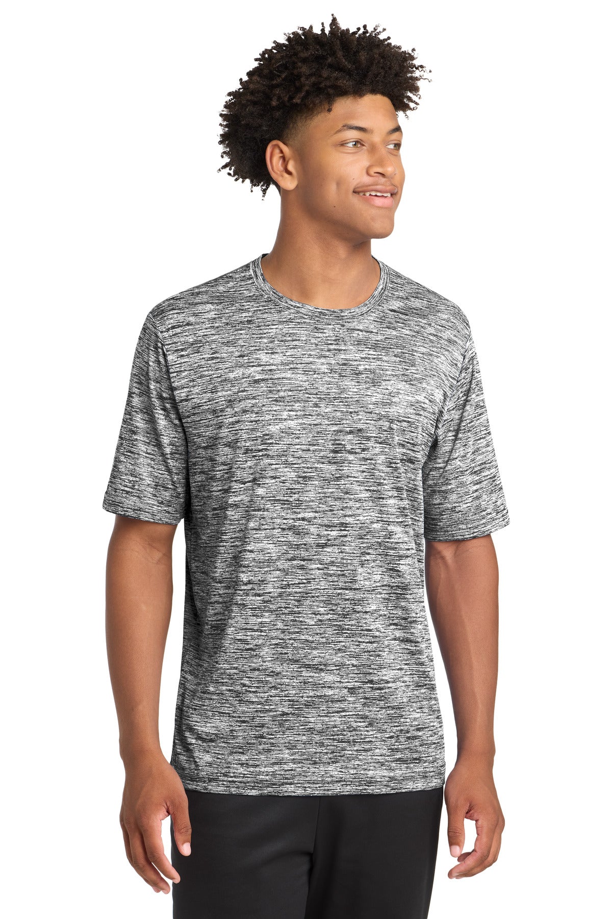 Front View of Black Electric Sport-Tek PosiCharge Electric Heather Tee. ST390