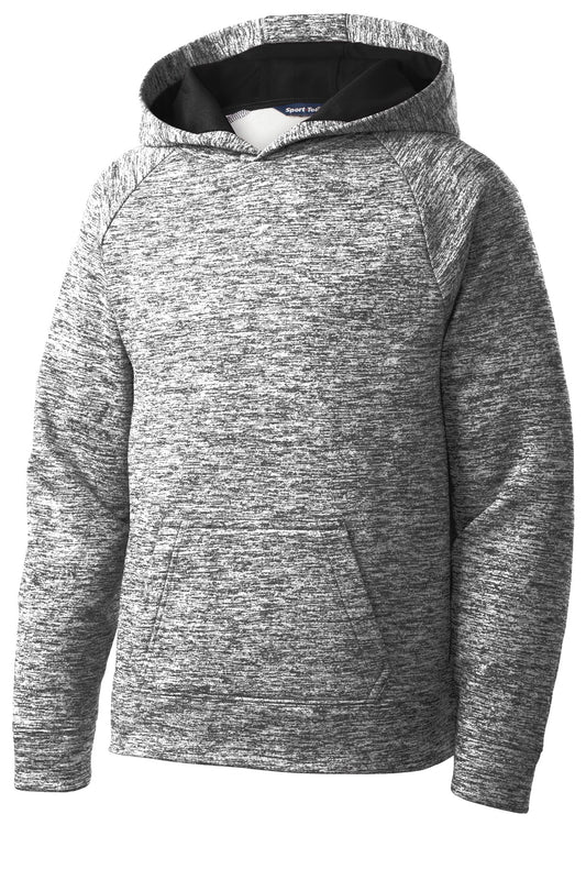 Front View of Black Electric Sport-Tek Youth PosiCharge Electric Heather Fleece Hooded Pullover. YST225