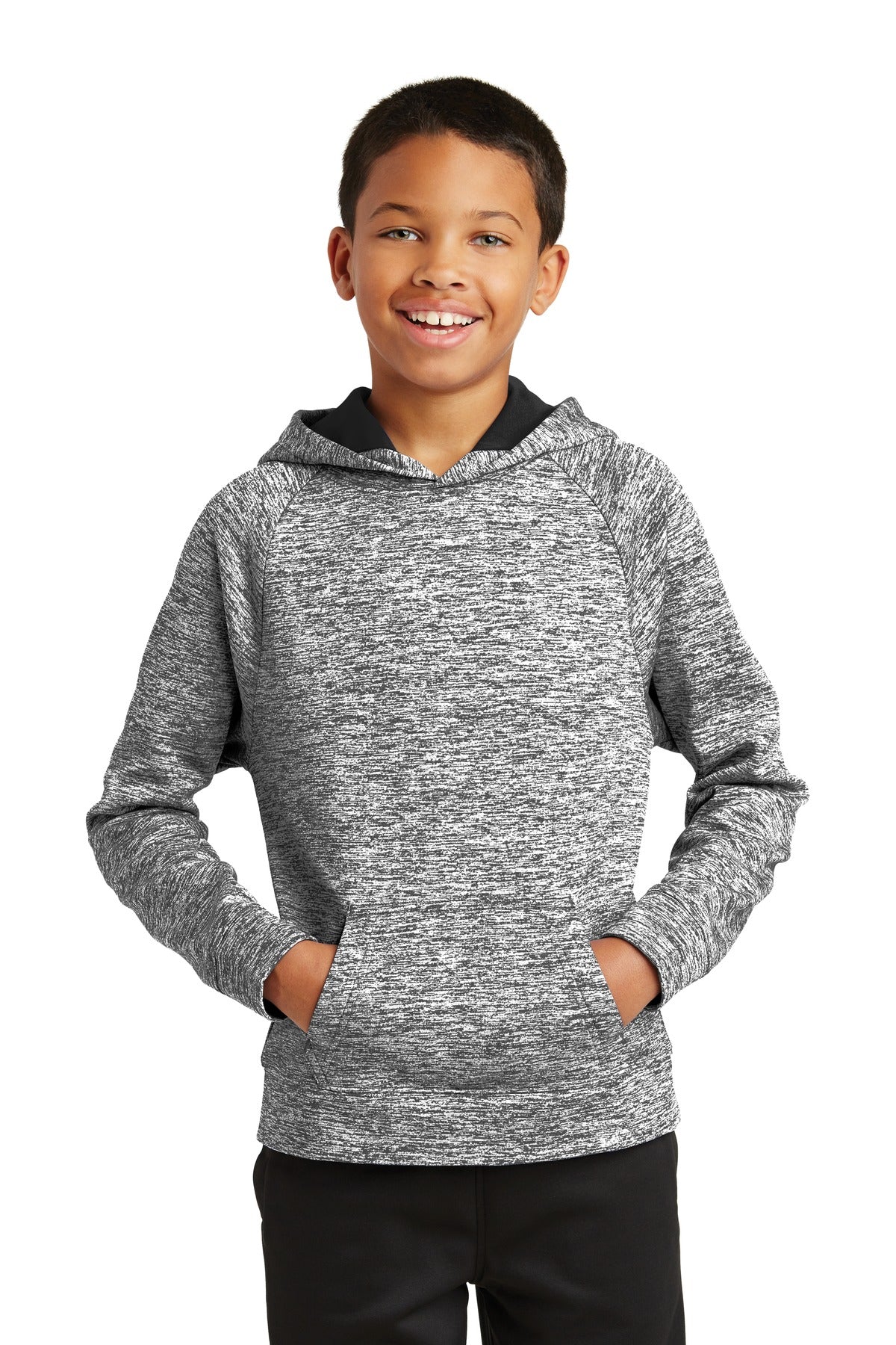 Front View of Black Electric Sport-Tek Youth PosiCharge Electric Heather Fleece Hooded Pullover. YST225