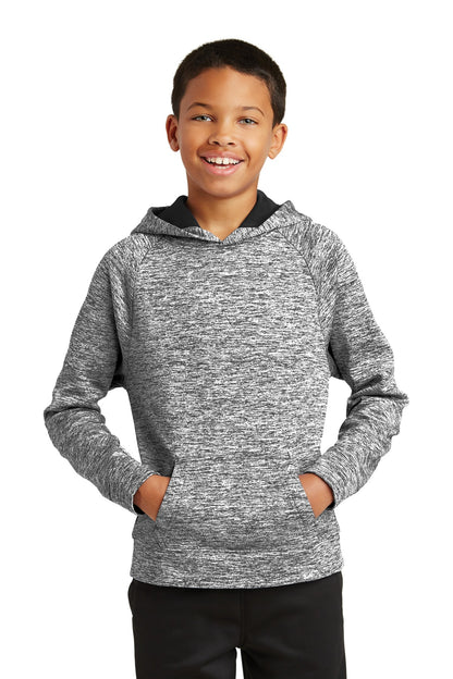 Front View of Black Electric Sport-Tek Youth PosiCharge Electric Heather Fleece Hooded Pullover. YST225