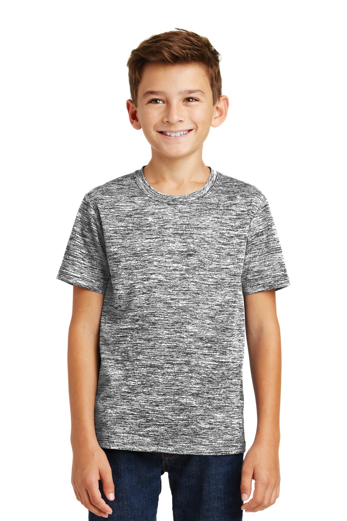 Front View of Black Electric Sport-Tek Youth PosiCharge Electric Heather Tee. YST390