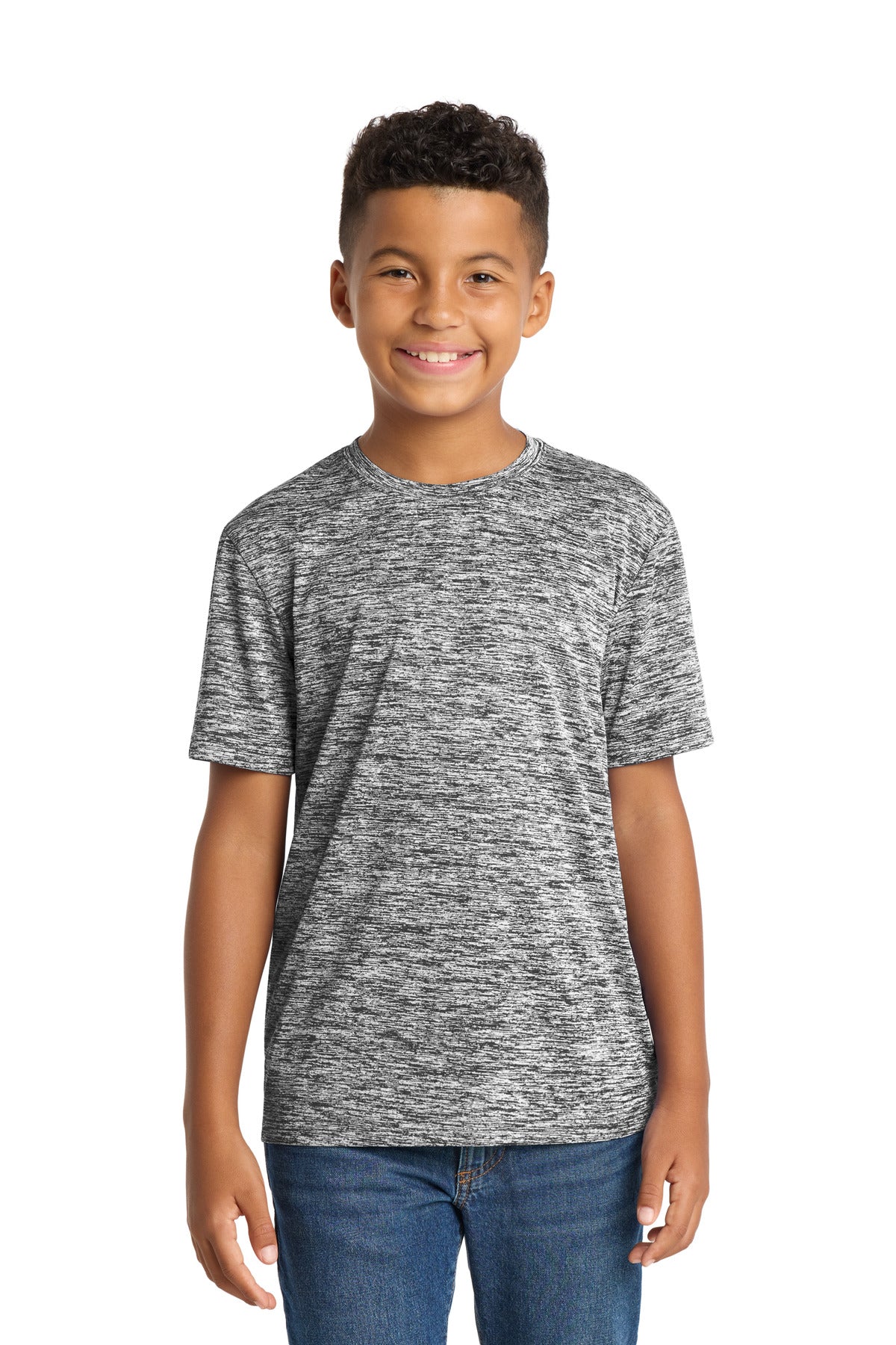 Front View of Black Electric Sport-Tek Youth PosiCharge Electric Heather Tee. YST390