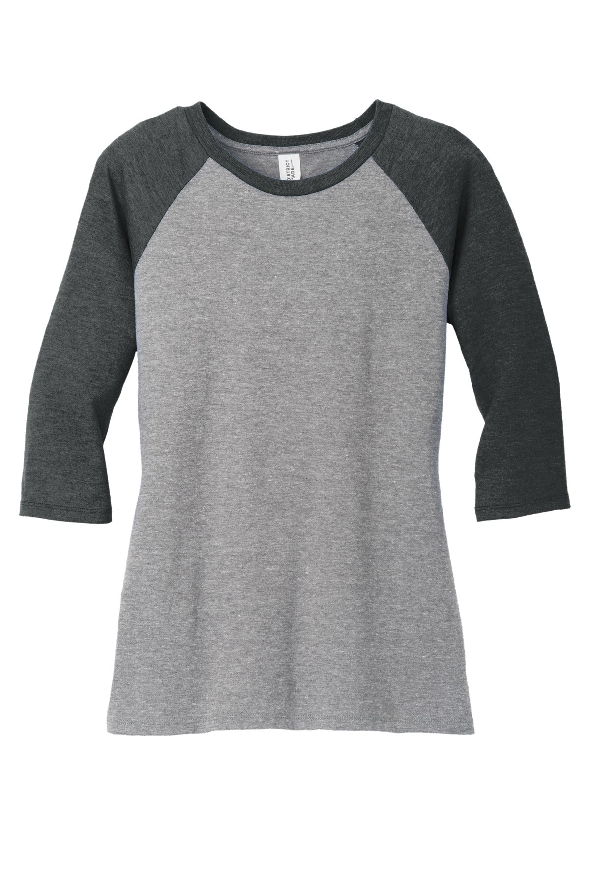 Front View of Black Fr/Gy Fr District Women's Perfect Tri 3/4-Sleeve Raglan. DM136L