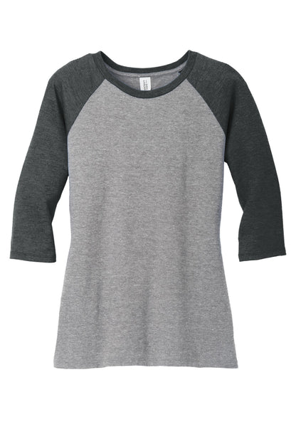 Front View of Black Fr/Gy Fr District Women's Perfect Tri 3/4-Sleeve Raglan. DM136L