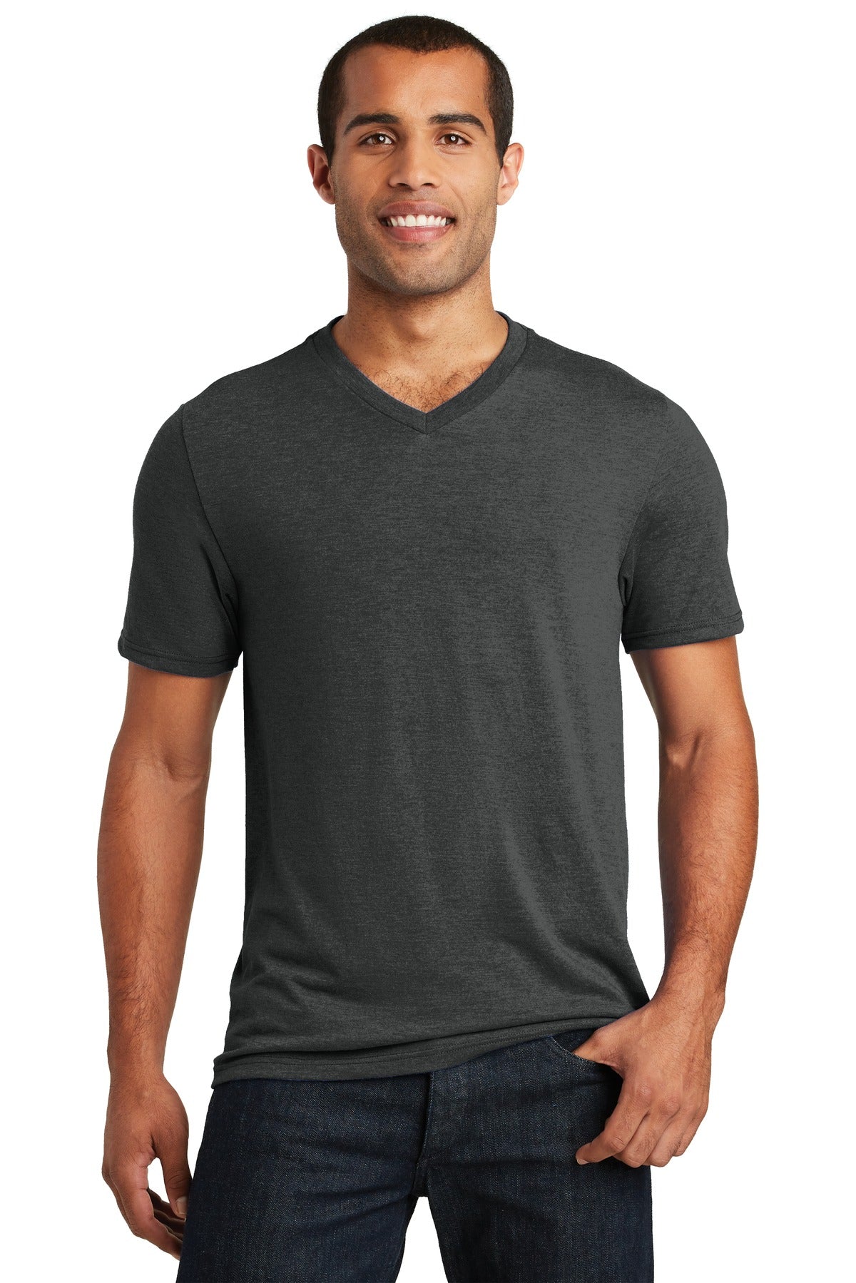 Front View of Black Frost District Perfect Tri V-Neck Tee. DT1350