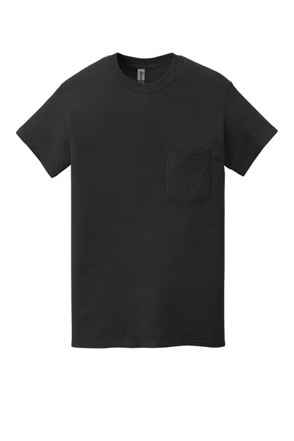 Front View of Black Gildan Heavy Cotton 100% Cotton Pocket T-Shirt. 5300