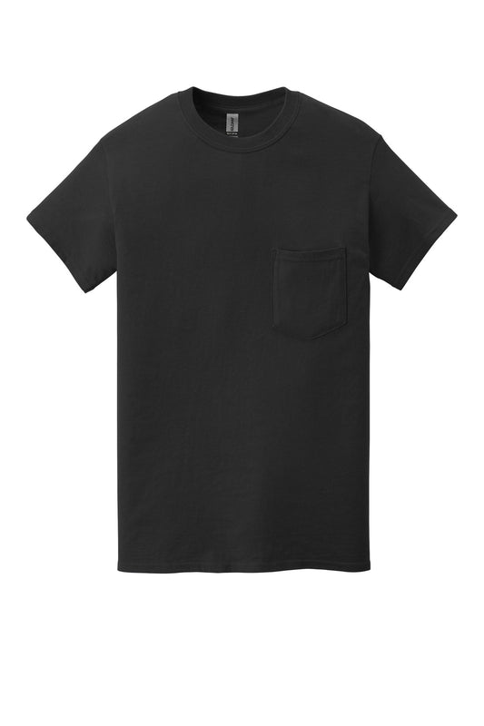 Front View of Black Gildan Heavy Cotton 100% Cotton Pocket T-Shirt. 5300