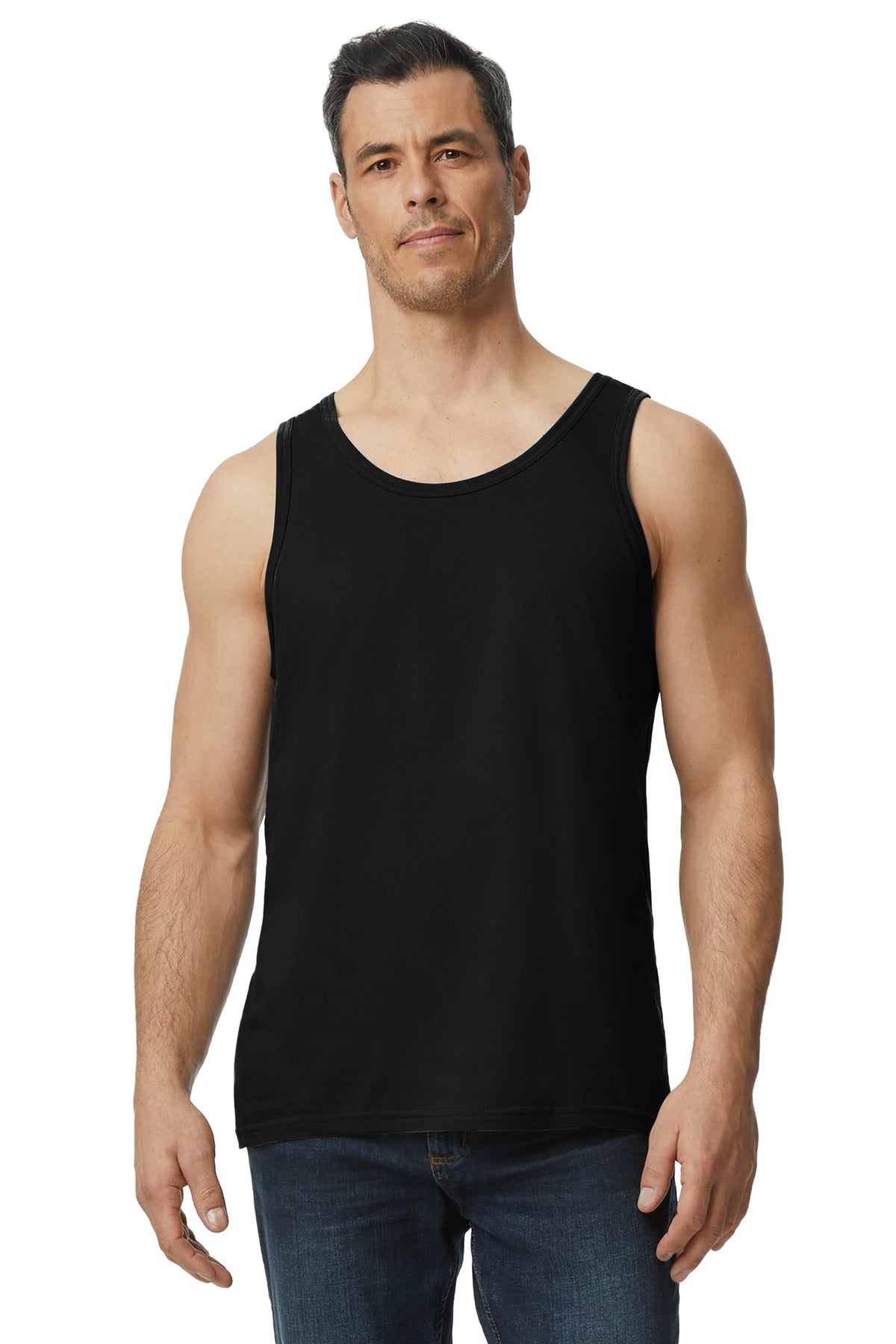 Front View of Black Gildan Softstyle Tank Top 64200