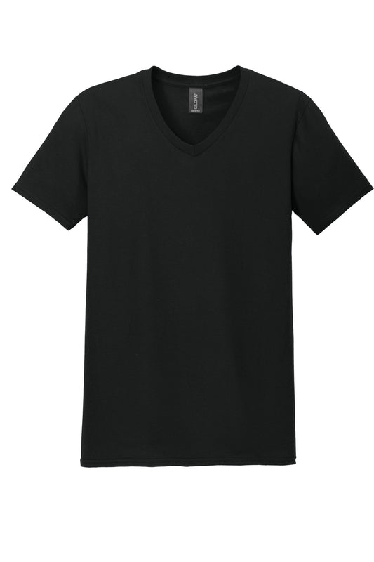 Front View of Black Gildan Softstyle V-Neck T-Shirt. 64V00