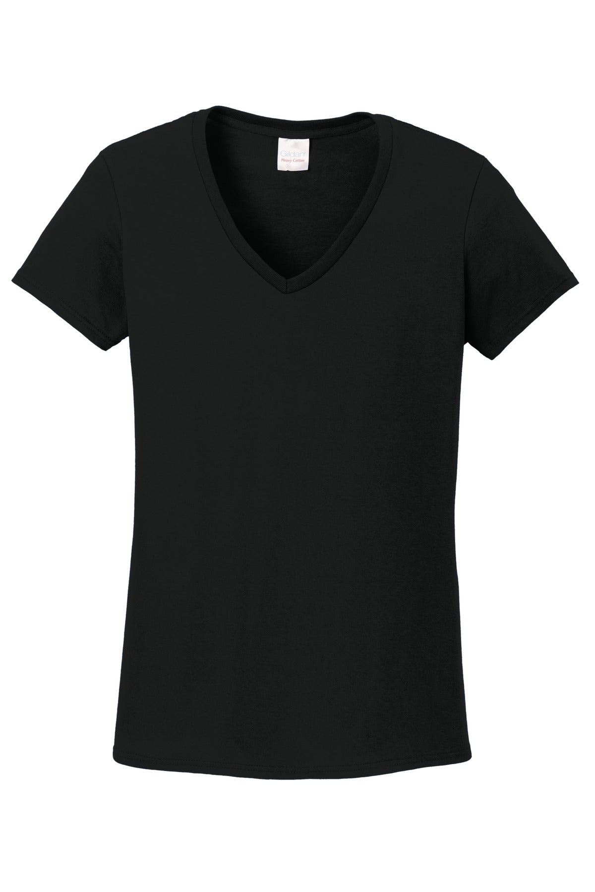 Front View of Black Gildan Women's Heavy Cotton 100% Cotton V-Neck T-Shirt. 5V00L